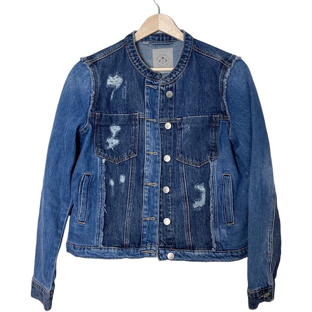 Vero Moda Mikky Distressed Collarless Denim Jacket Size S Distressed Patch